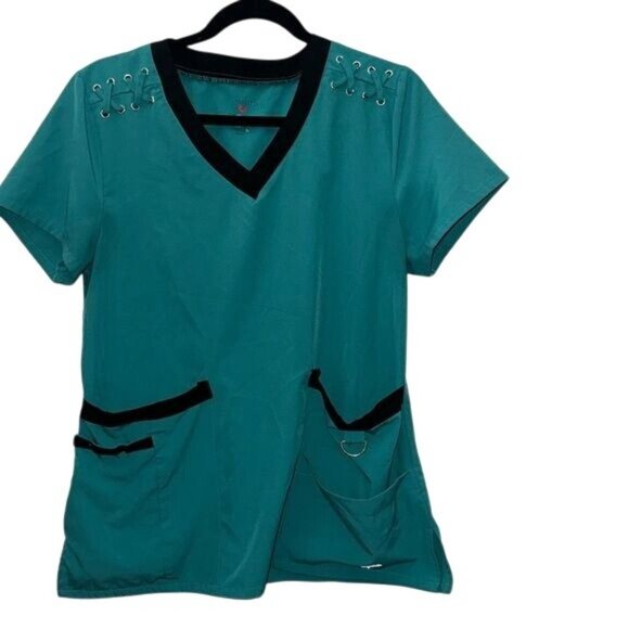 Teal V-Neck Scrub Top With Lace-Up Shoulders & Pockets - Picture 1 of 7